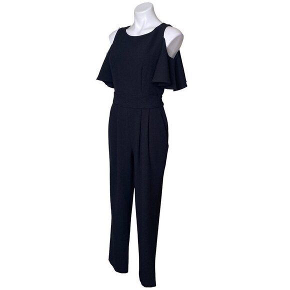 Eliza J Black Cold Shoulder Jumpsuit, Short Flutter Sleeves Women's Size 8 - Picture 7 of 9